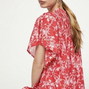 Free People Dress Red Ivory Pleated Yoke Floral Lace Flutter Sleeve